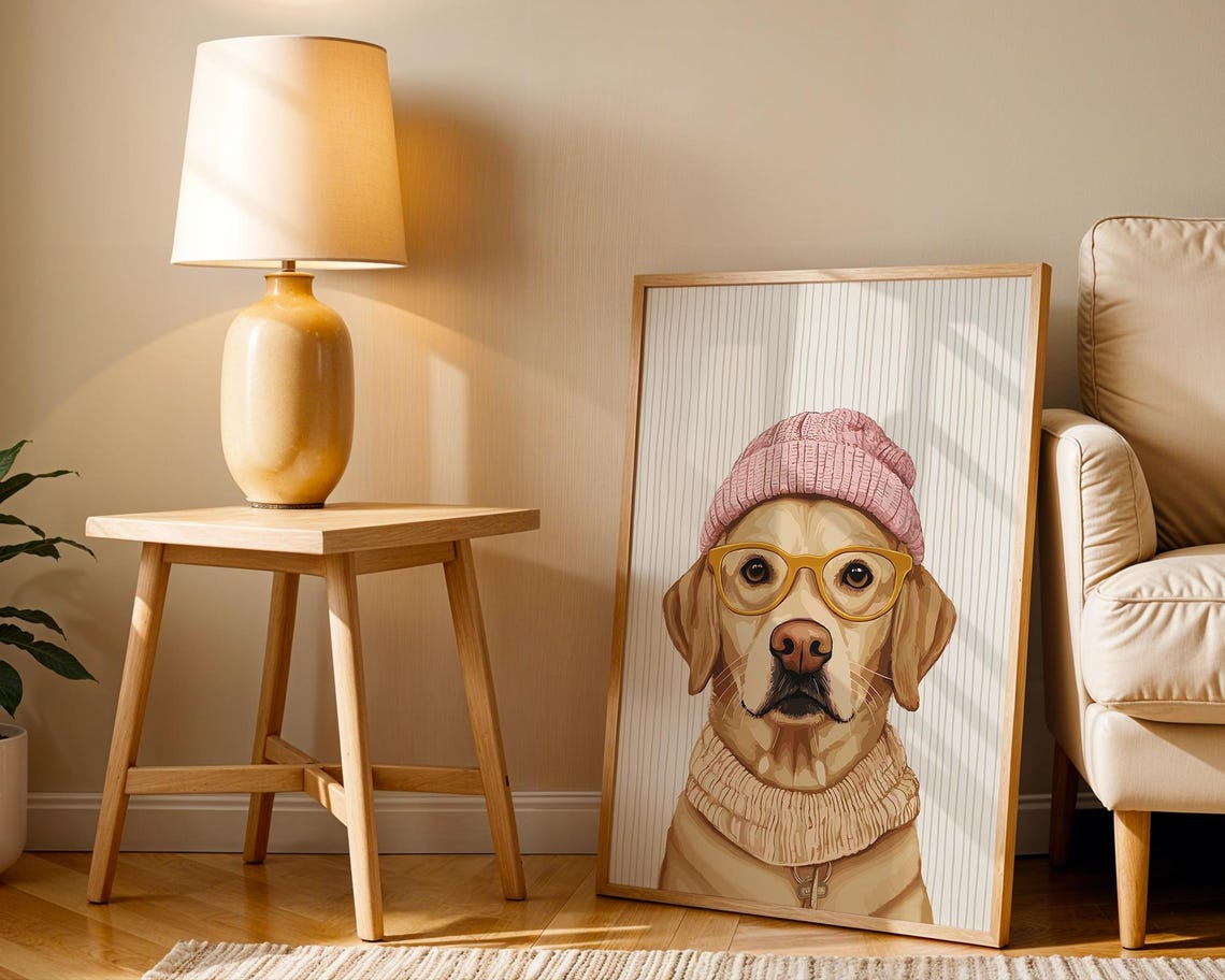 Golden Labrador in Pink Beanie and Glasses Cozy Sweater Poster - Image 2