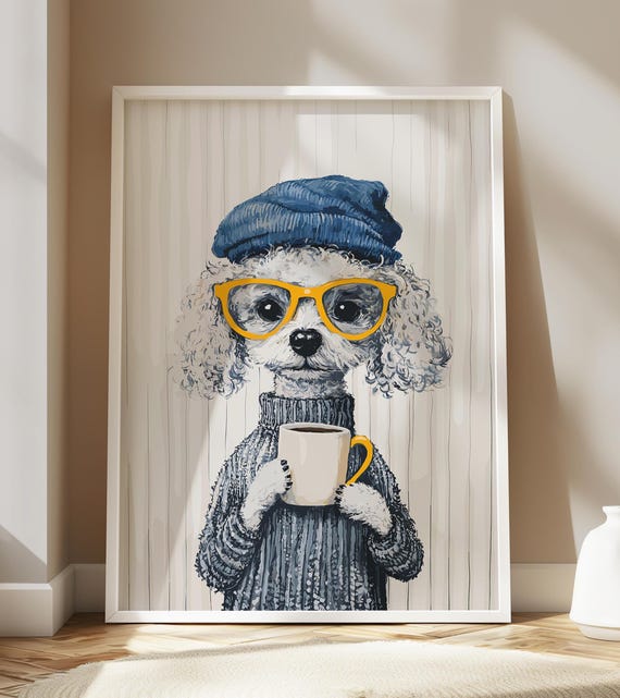 Funny Poodle Sipping Coffee Dog Pet Art Wall Decor Puppy Portrait Painting Kitchen Poster Print Illustration Retro Drawing