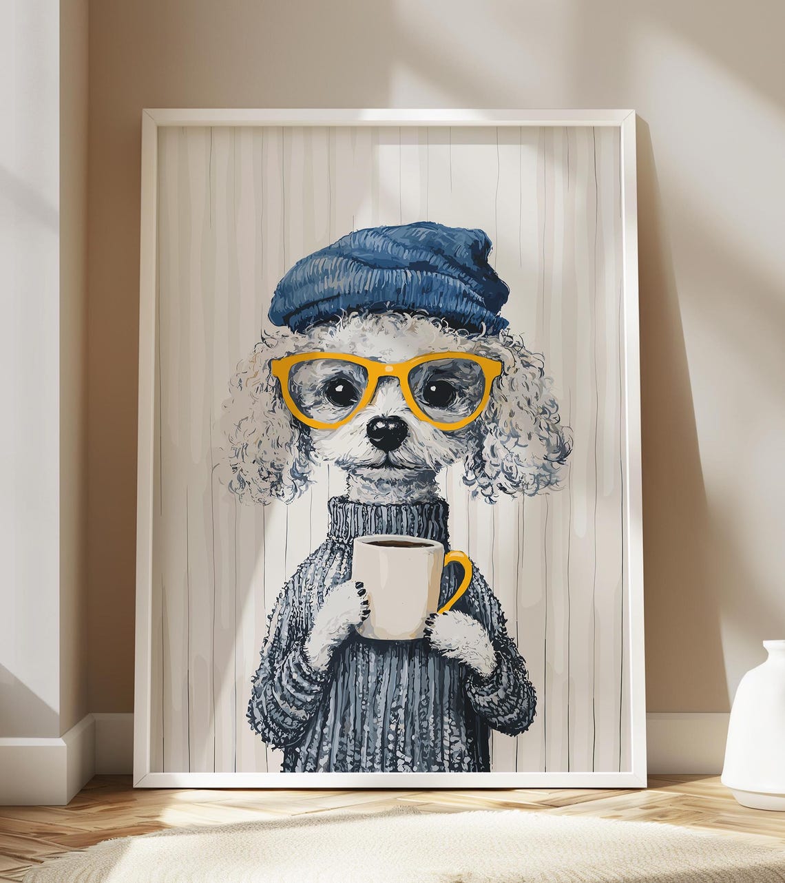 White Poodle in Blue Beanie and Glasses Holding Coffee Poster