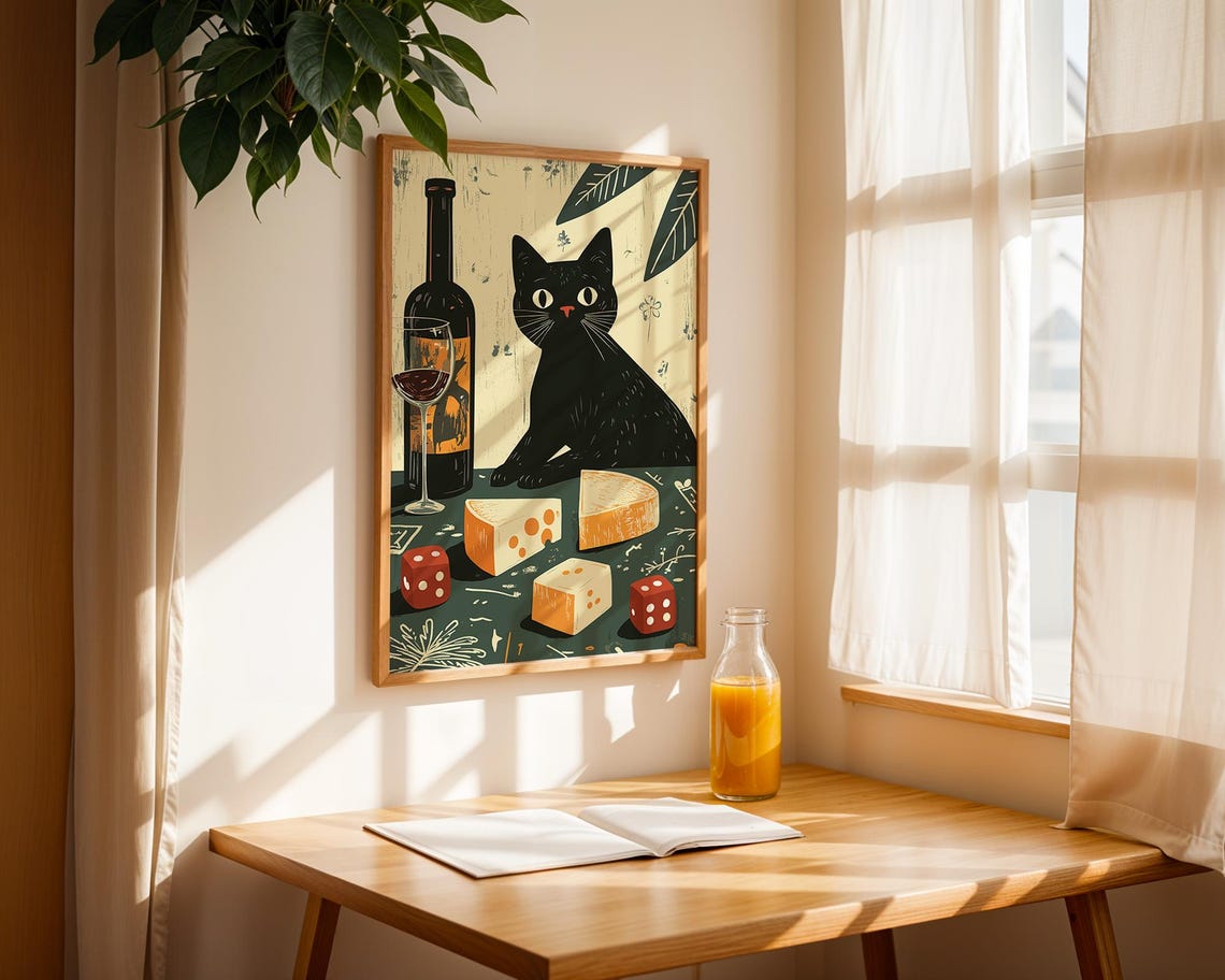 Black Cat Wine and Cheese Vintage Whimsical Kitchen Art Poster - Image 3