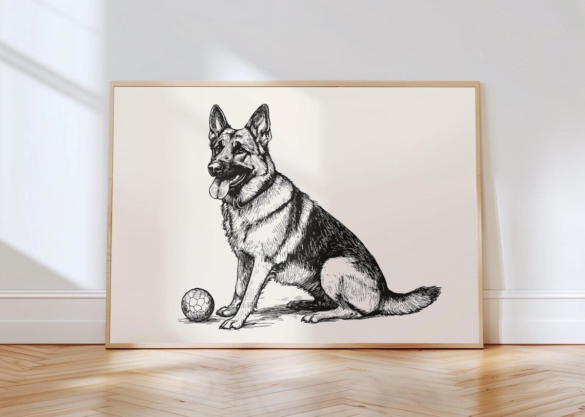German Shepherd Sitting Smiling Detailed Ink Sketch Breed Poster