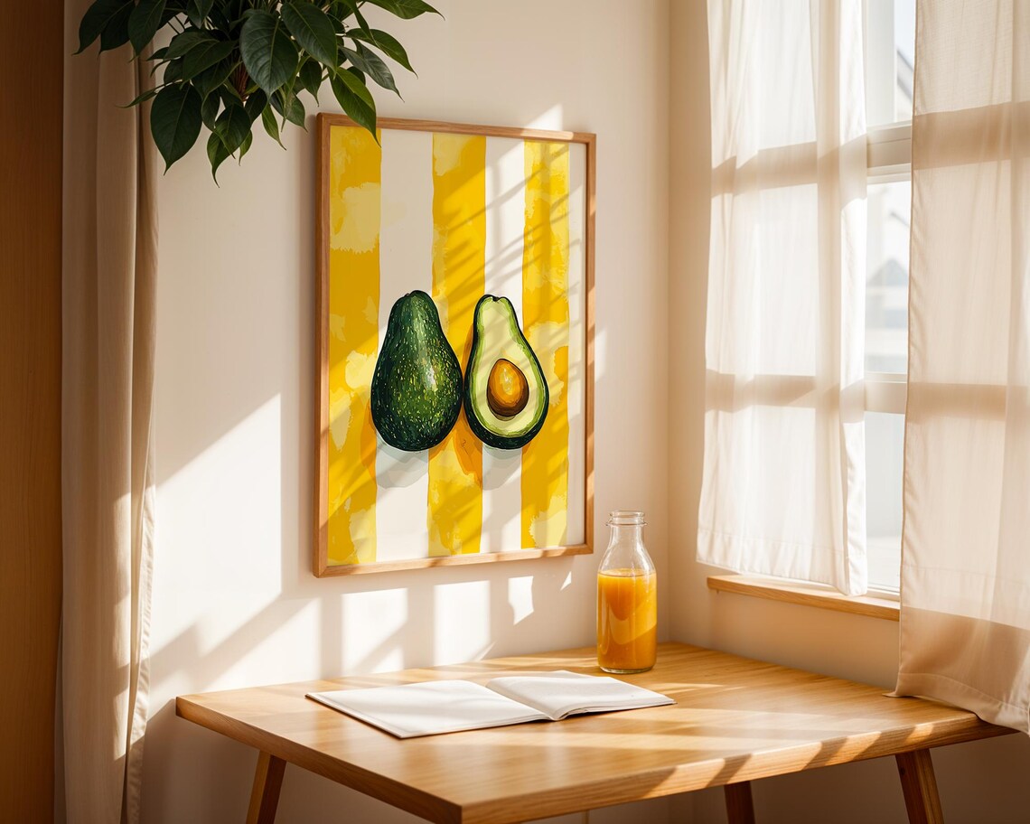 Avocado Pair Whole and Half Yellow Striped Modern Kitchen Art Poster - Image 2