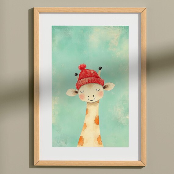 Cute Giraffe Hat Illustration Pastel Green Poster For Toddlers Room Nursery Decor Cute Baby Fawn Hat Poster Minimalist Watercolor Art