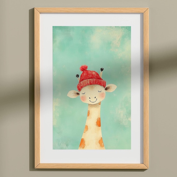 Sleepy Giraffe with Red Beanie Pastel Watercolor Nursery Art Poster