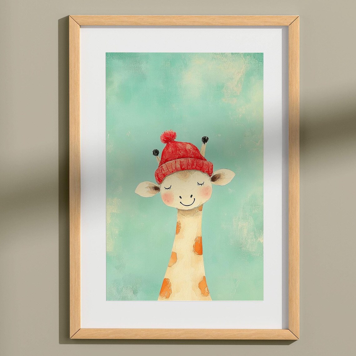 Sleepy Giraffe with Red Beanie Pastel Watercolor Nursery Art Poster