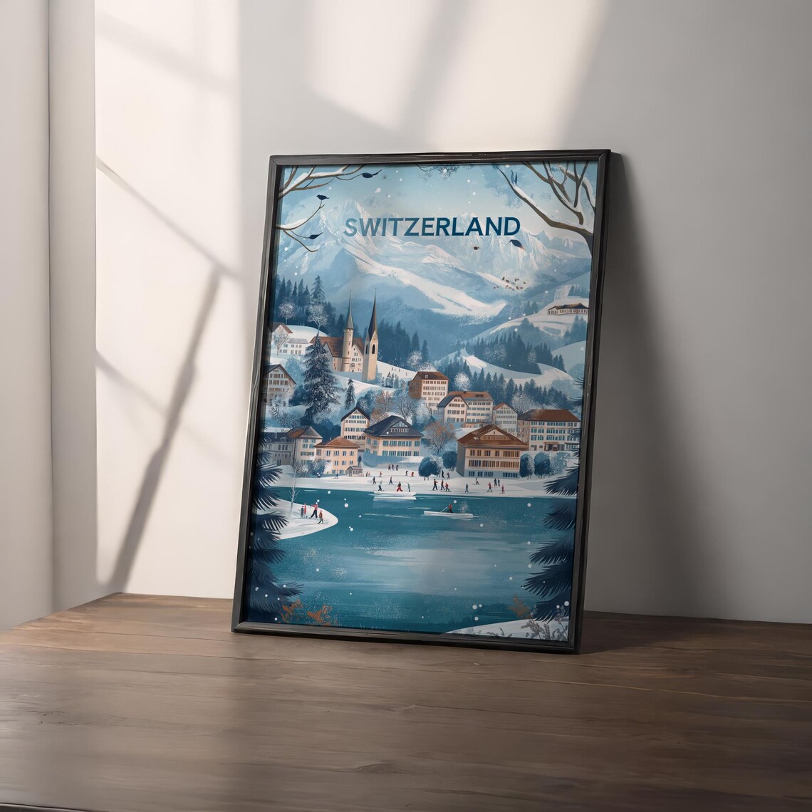 Switzerland Winter Alpine Village Frozen Lake Skaters Travel Poster - Image 2