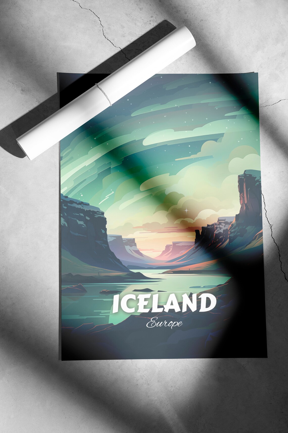 Iceland Northern Lights Fjord Night Sky Vintage Travel Poster - Image 2