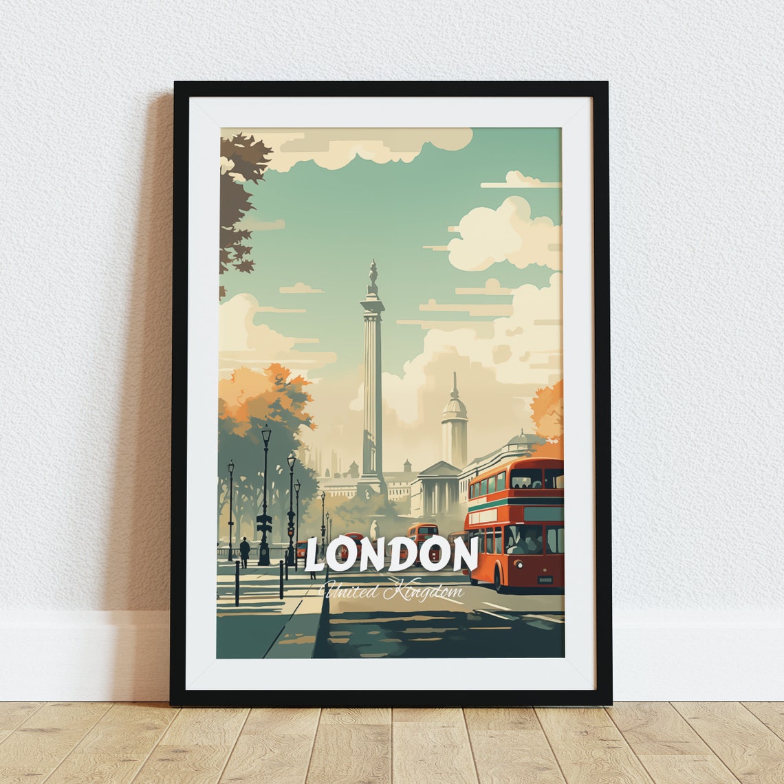 London Trafalgar Square Red Double Decker Bus Vintage Travel Poster