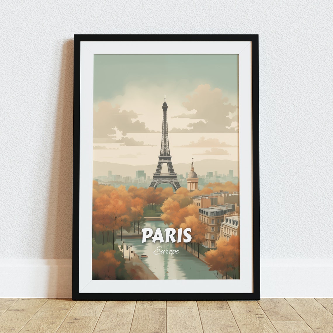 Paris Eiffel Tower Golden Autumn Trees Seine Retro Travel Poster