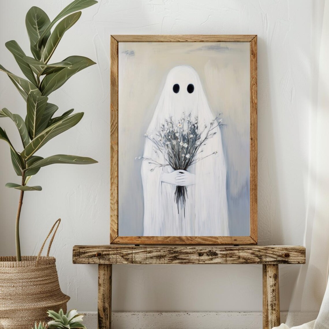 Cute Sheet Ghost Holding Wildflowers Halloween Painting Wall Art - Image 5