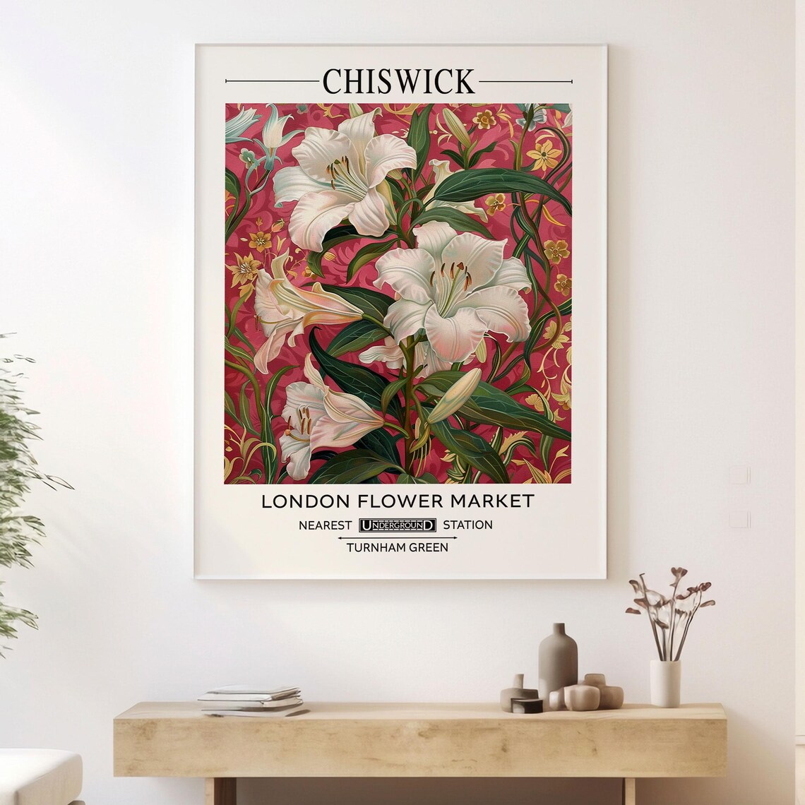 Chiswick London Flower Market White Lilies Vintage Botanical Poster