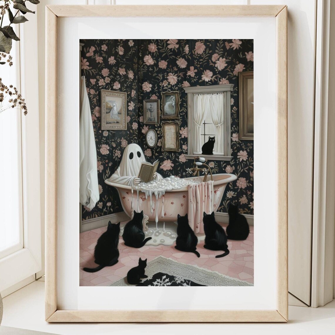 Ghost Reading to Black Cats, Spooky Cute Art Print