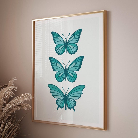 Turquoise Butterfly Trendy Room Wall Art Preppy Art Girly Print Dorm Room Decor Blue Butterfly Art Dopamine Decor Blue Wall Art