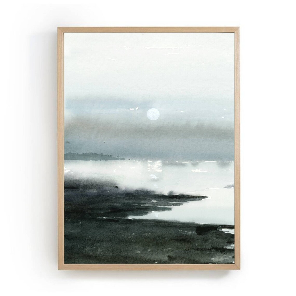Moon Shine Sea Watercolor Art Print, Minimal Coastal Decor
