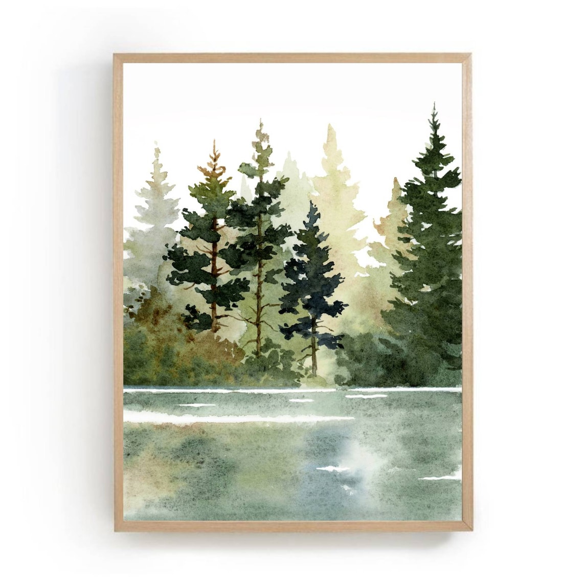 Forest Lake Watercolor Painting, Minimalist Landscape Art Print