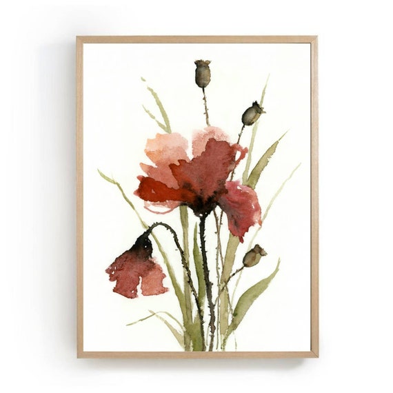 Red Poppies Painting Print Poppy Field Wall Art Abstract Landscape Wildflowers Watercolor Farmhouse Decor Kitchen Prints