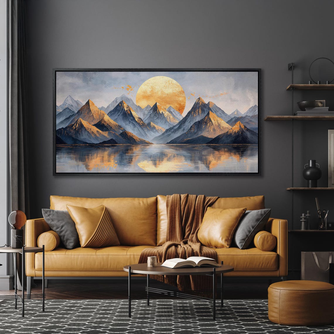 Golden Sun Rising Over Mountain Lake Panorama Serene Art Poster - Image 3