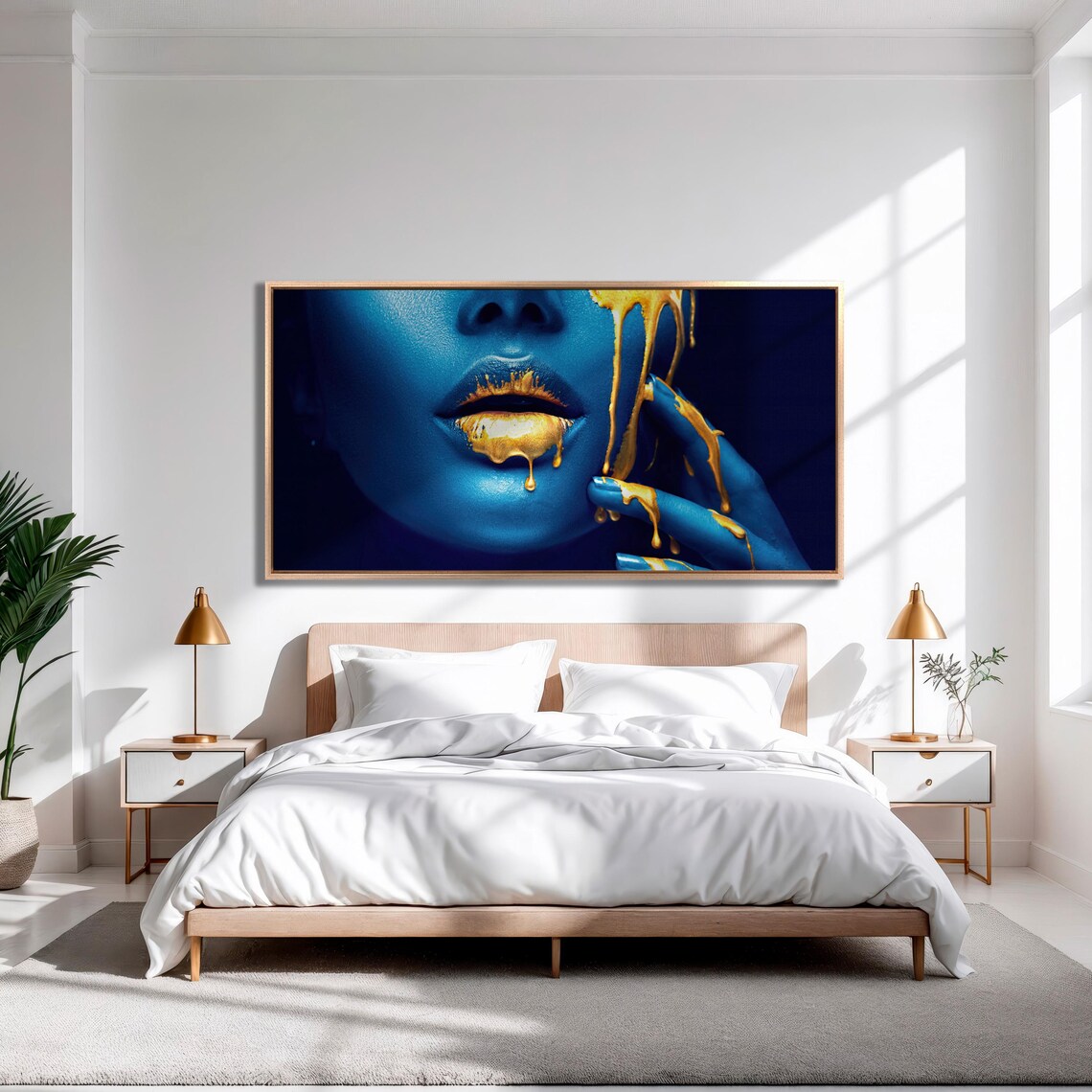 Blue and Gold Abstract Woman Face Modern Art Print - Image 3