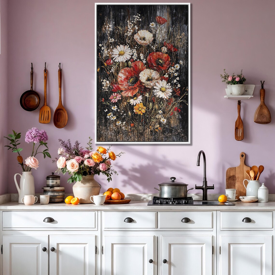 Red Poppies and White Daisies Wildflower Bouquet on Black Poster - Image 3