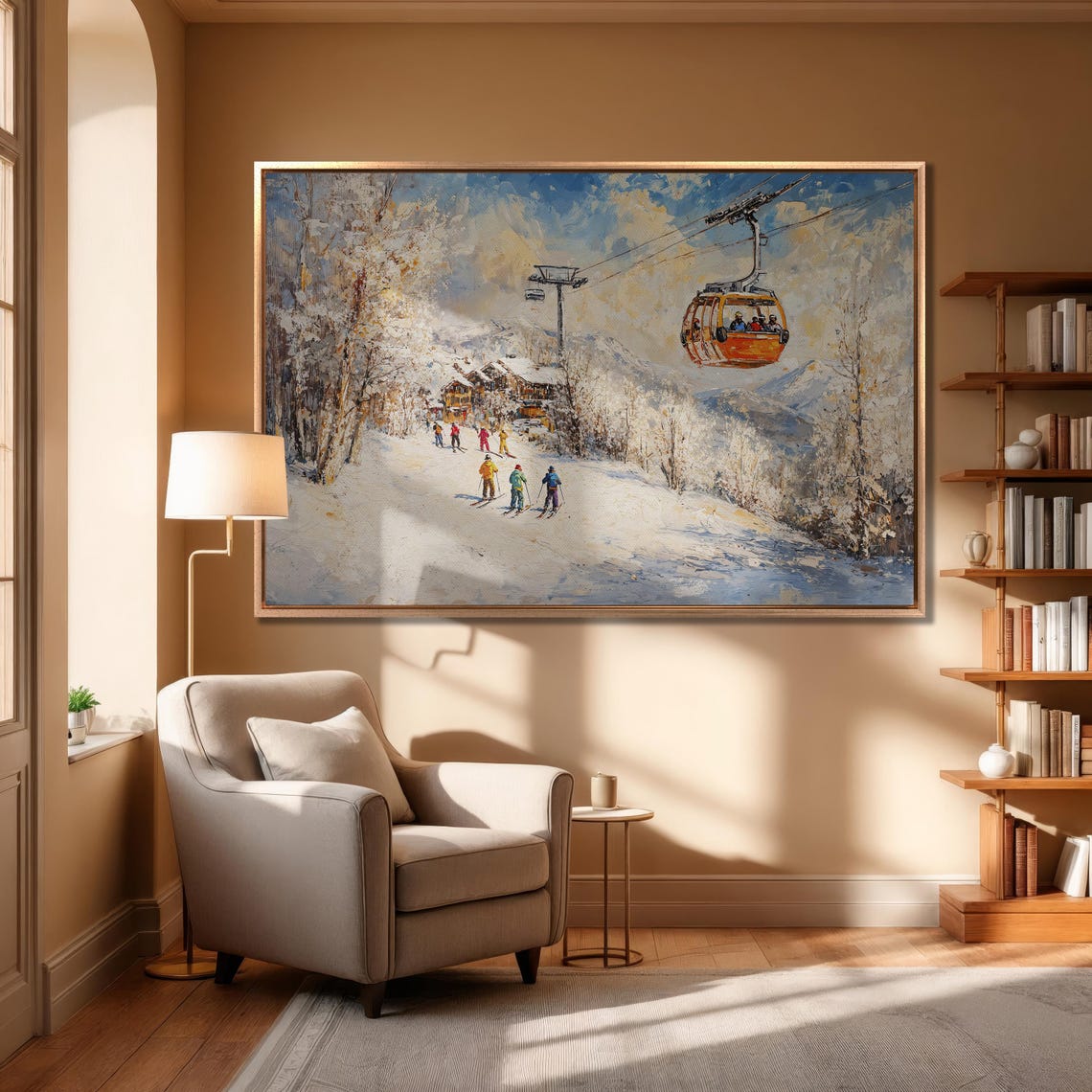 Orange Gondola Above Skiers Near Alpine Village Golden Light Poster - Image 6
