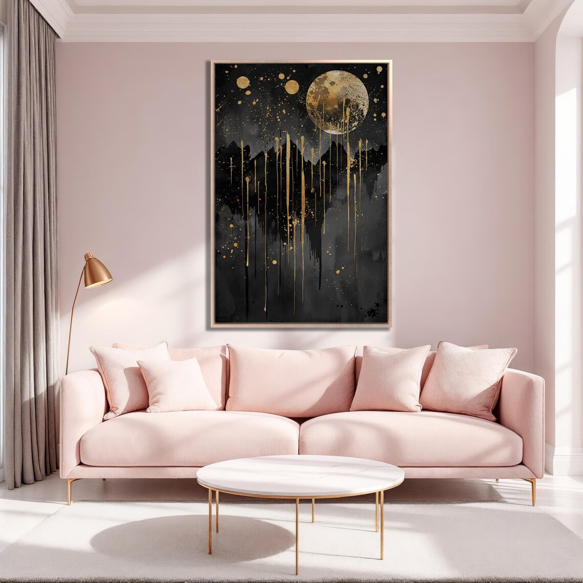 Black And Gold Dripping Moon Over Mountain Silhouette Art Poster - Image 2