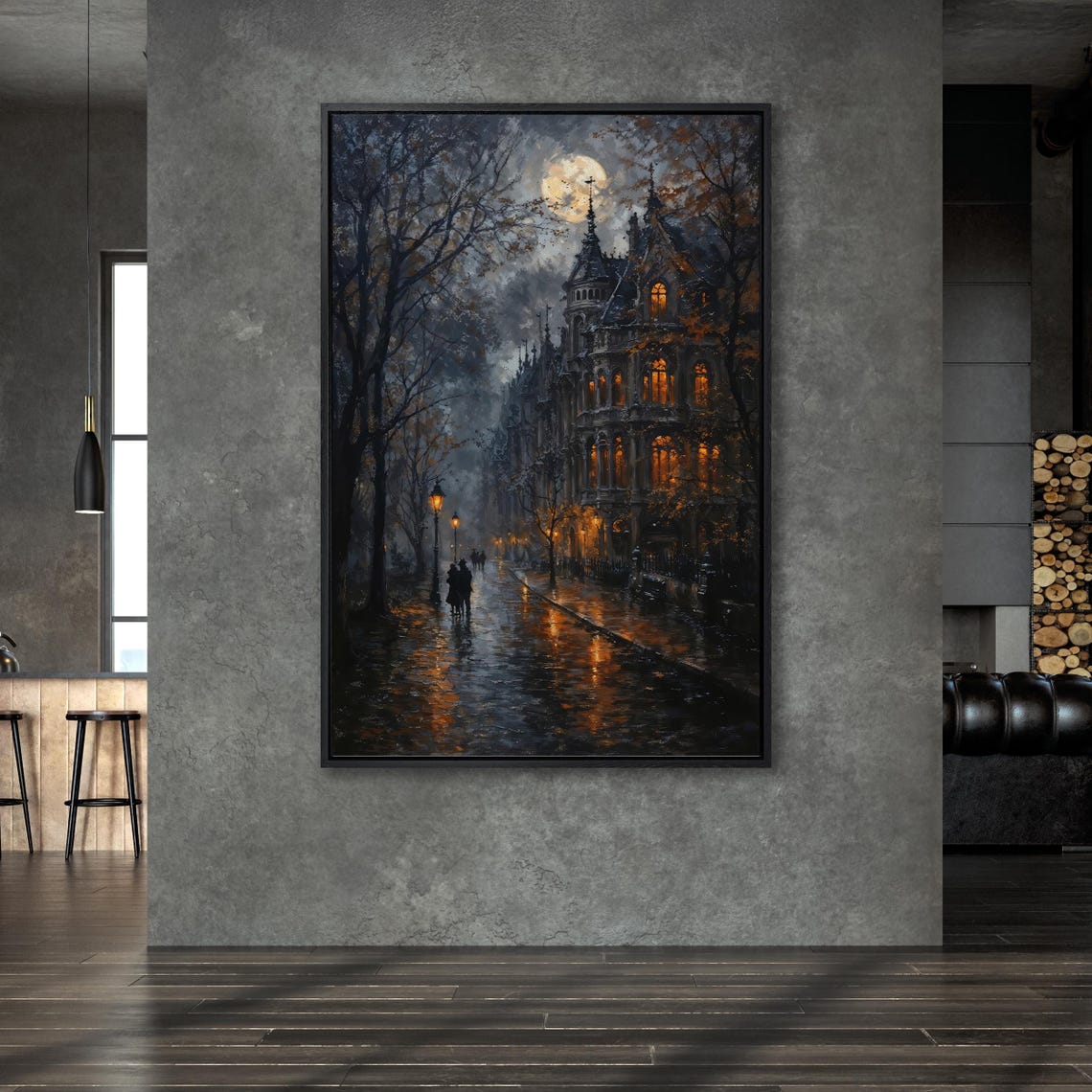 Foggy Moody Victorian Street At Night Rain Lit Windows Art Poster - Image 5