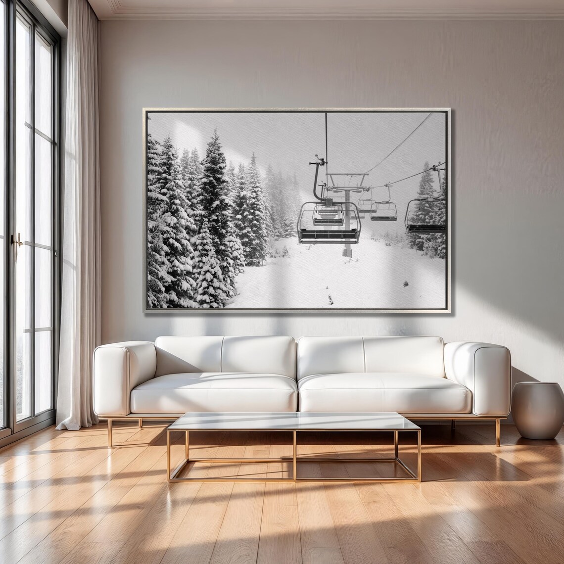 Ski Lift Chairs Snowy Pines Black And White Winter Photo Wall Art - Image 5
