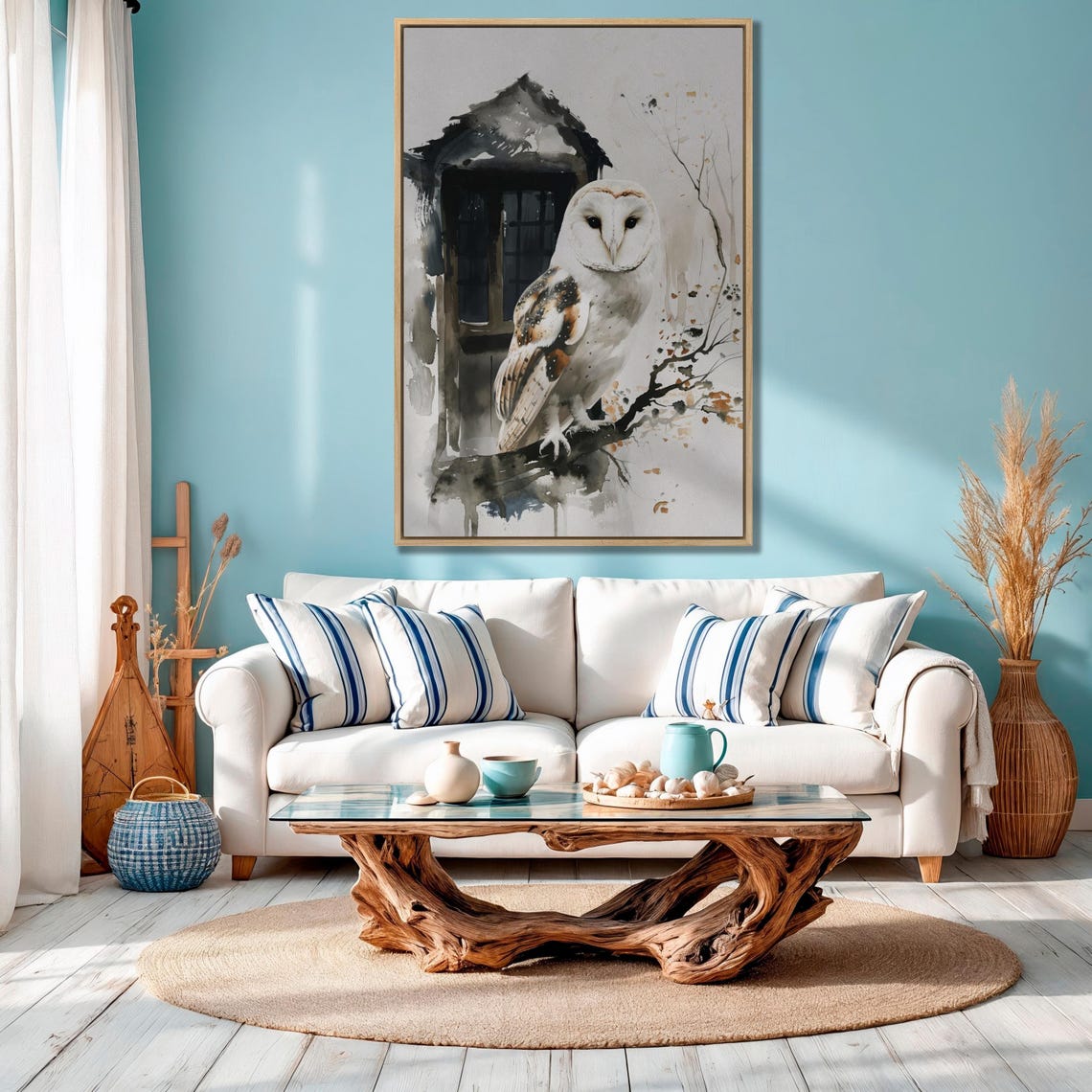 Barn Owl Watercolor Perched By Rustic Window Branch Art Poster - Image 2