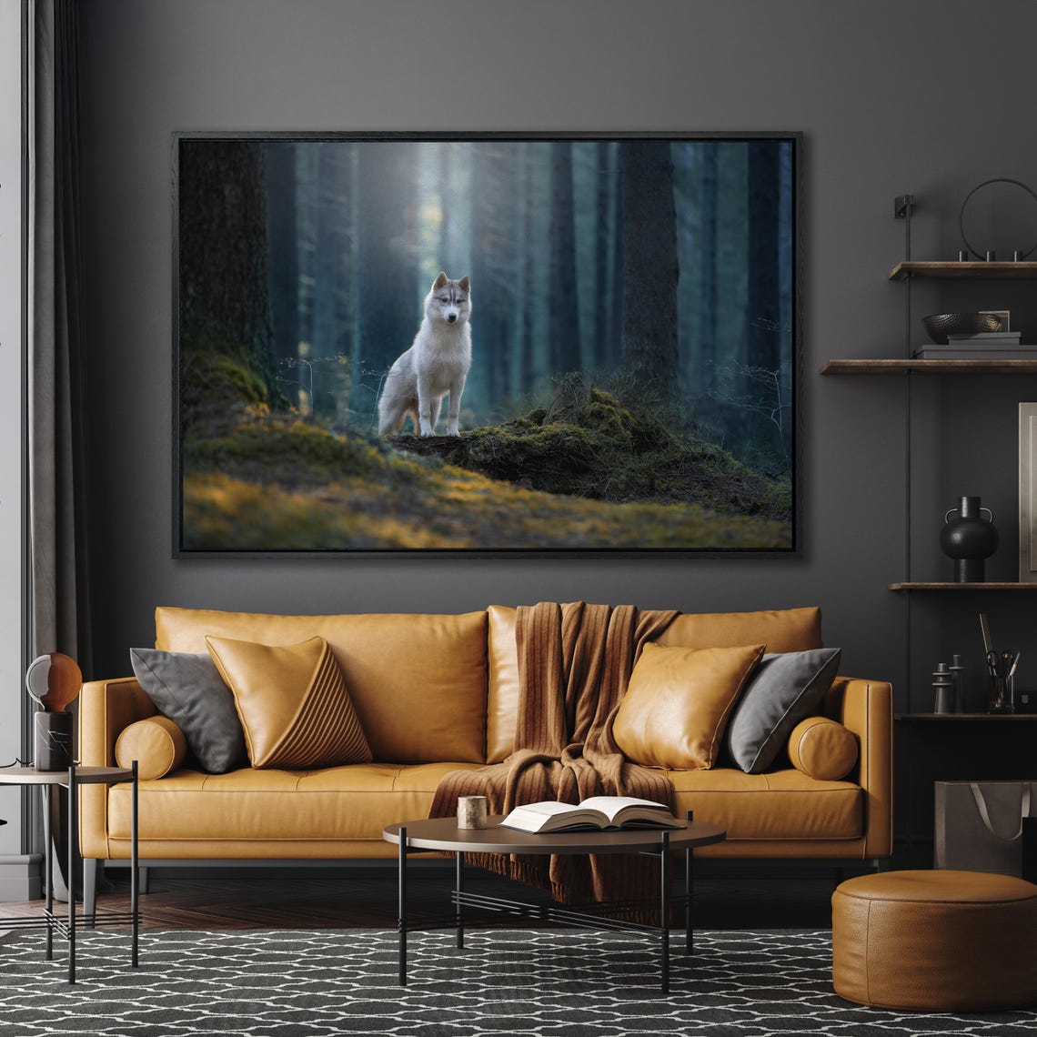 White Siberian Husky Standing in Misty Forest Wildlife Poster - Image 5