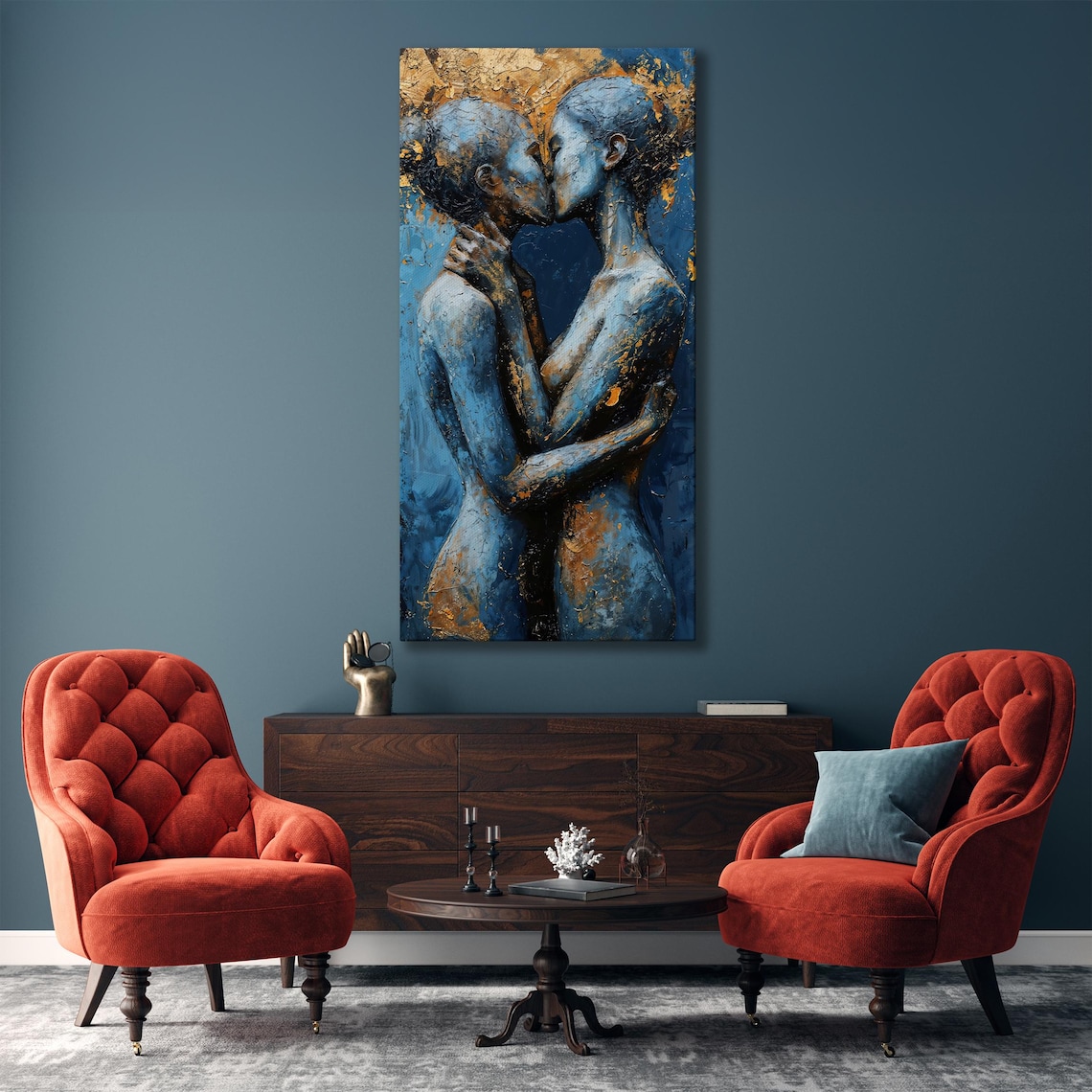 Embracing Couple Blue And Gold Textured Abstract Love Wall Art - Image 4