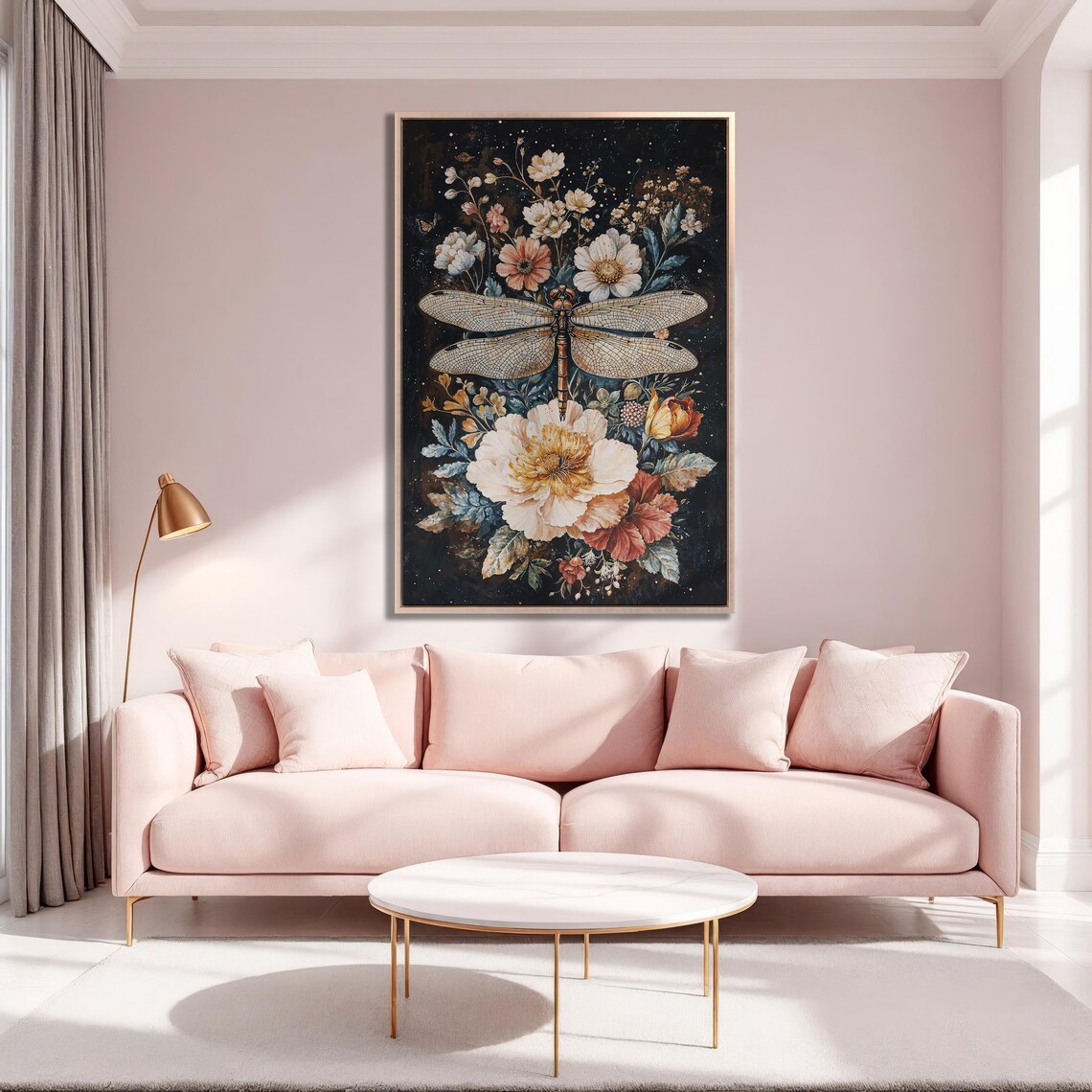 Dragonfly Above Giant Cream Peony On Starry Night Floral Poster - Image 5