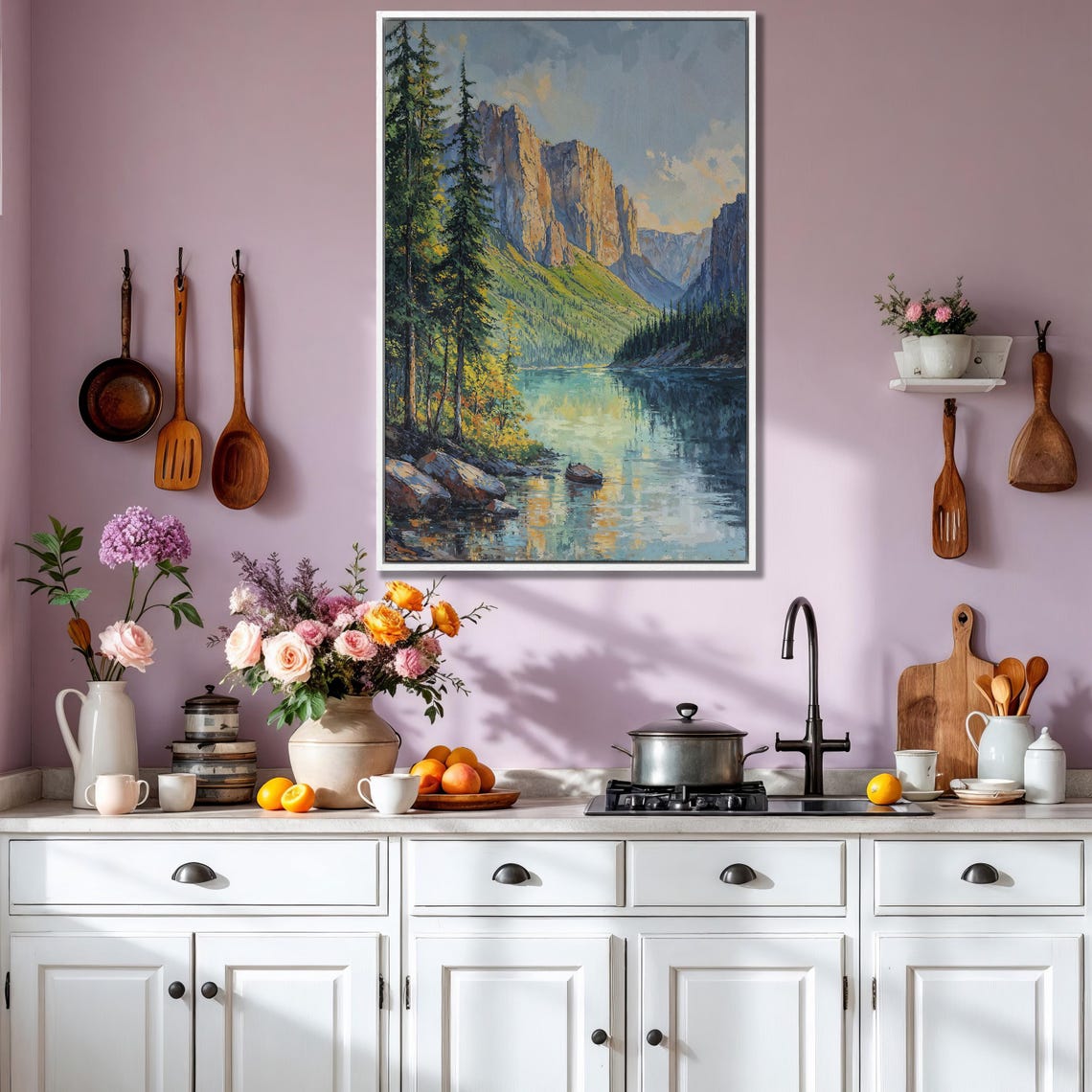 Tranquil Mountain Lake Landscape Nature Painting Framed Print Landscape Wall Art Large Artwork Ready To Hang Gift Idea For Dad - Image 3