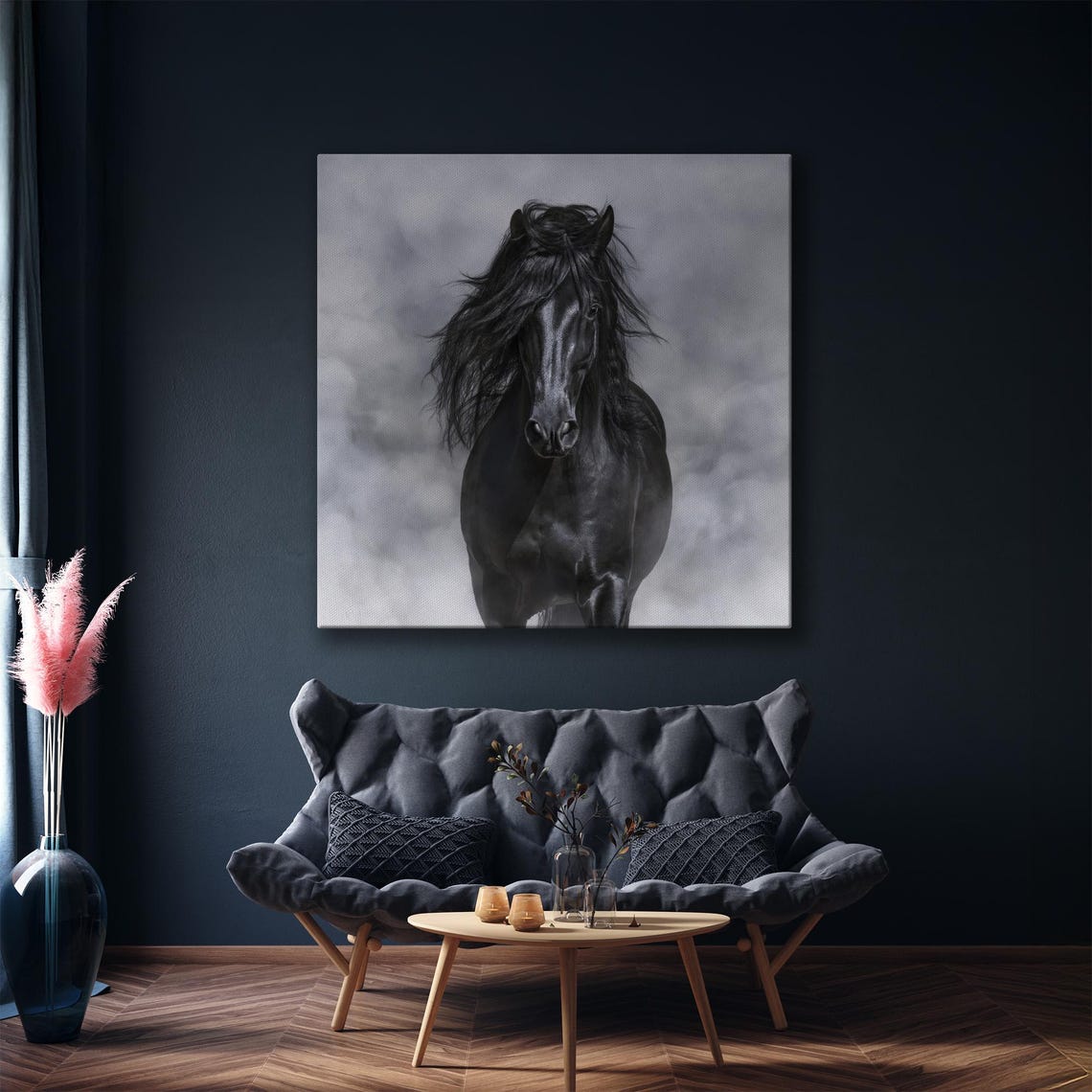 Black Horse Galloping Through Mist Monochrome Equine Wall Art - Image 5