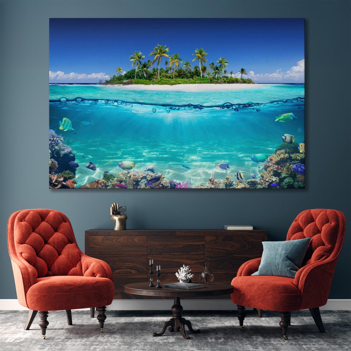 Tropical Island And Coral Reef Bedroom Wall Decor Split View With Waterline Beach Large Wall Art Palm Tree Tropical Beach - Image 4