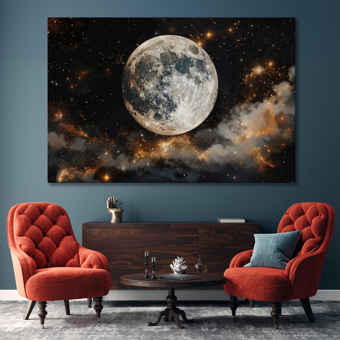 Detailed Full Moon Glowing In Starry Cosmic Night Sky Art Poster - Image 4
