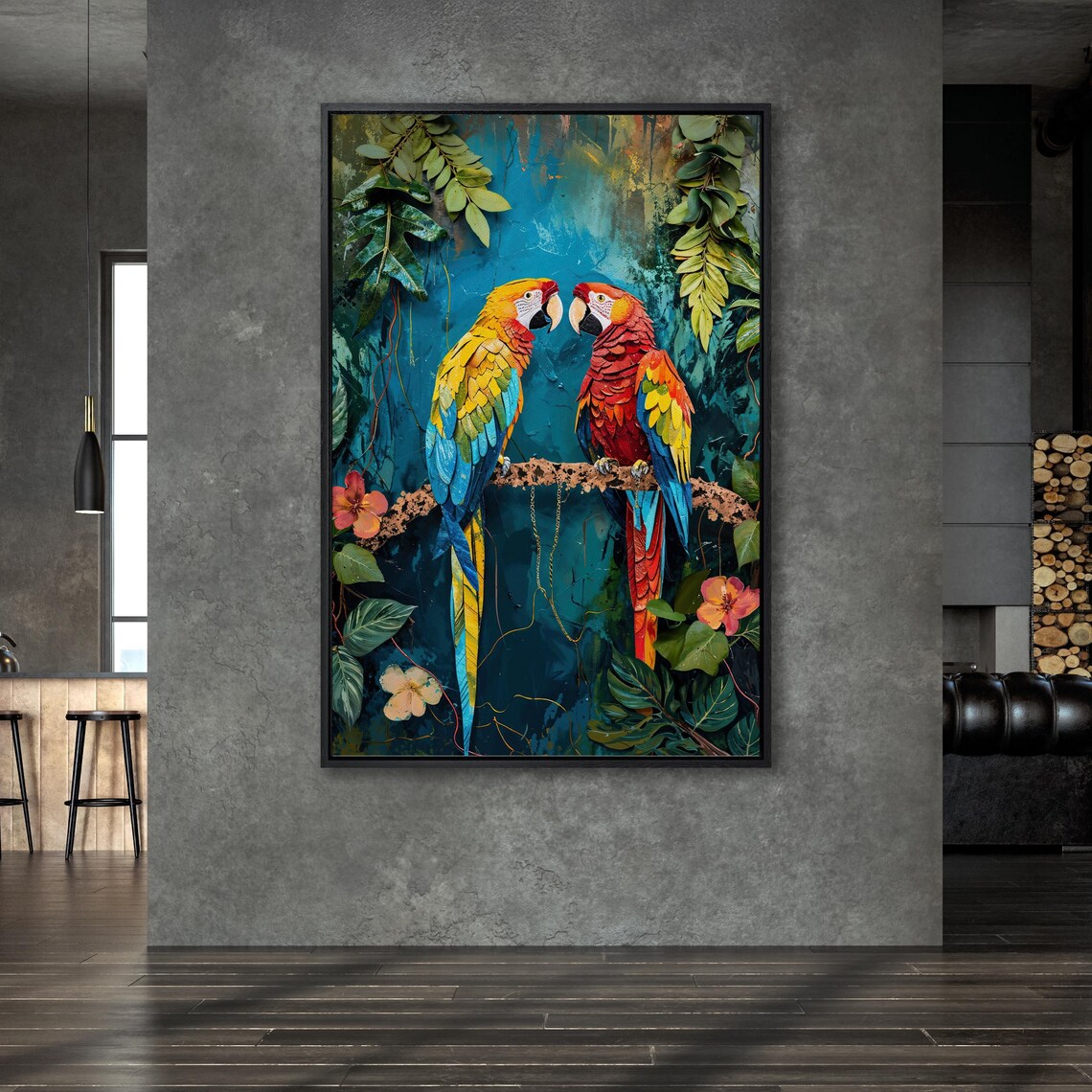 Pair Of Macaw Parrots On Branch In Tropical Jungle Painting Poster - Image 6