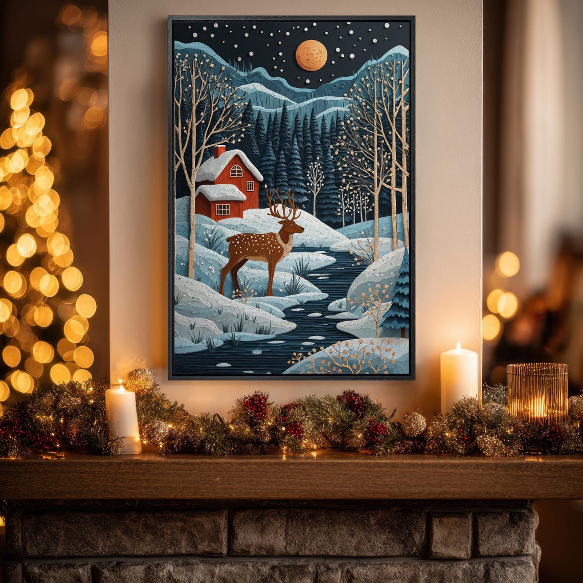 Red Cabin Deer by Snowy River Moonlit Winter Night Scene Poster