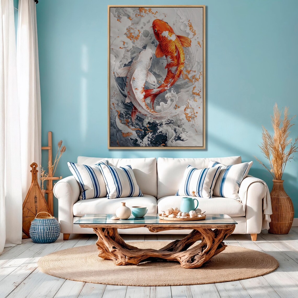 Orange and White Koi Fish Pair in Swirling Water Waves Art Poster - Image 3