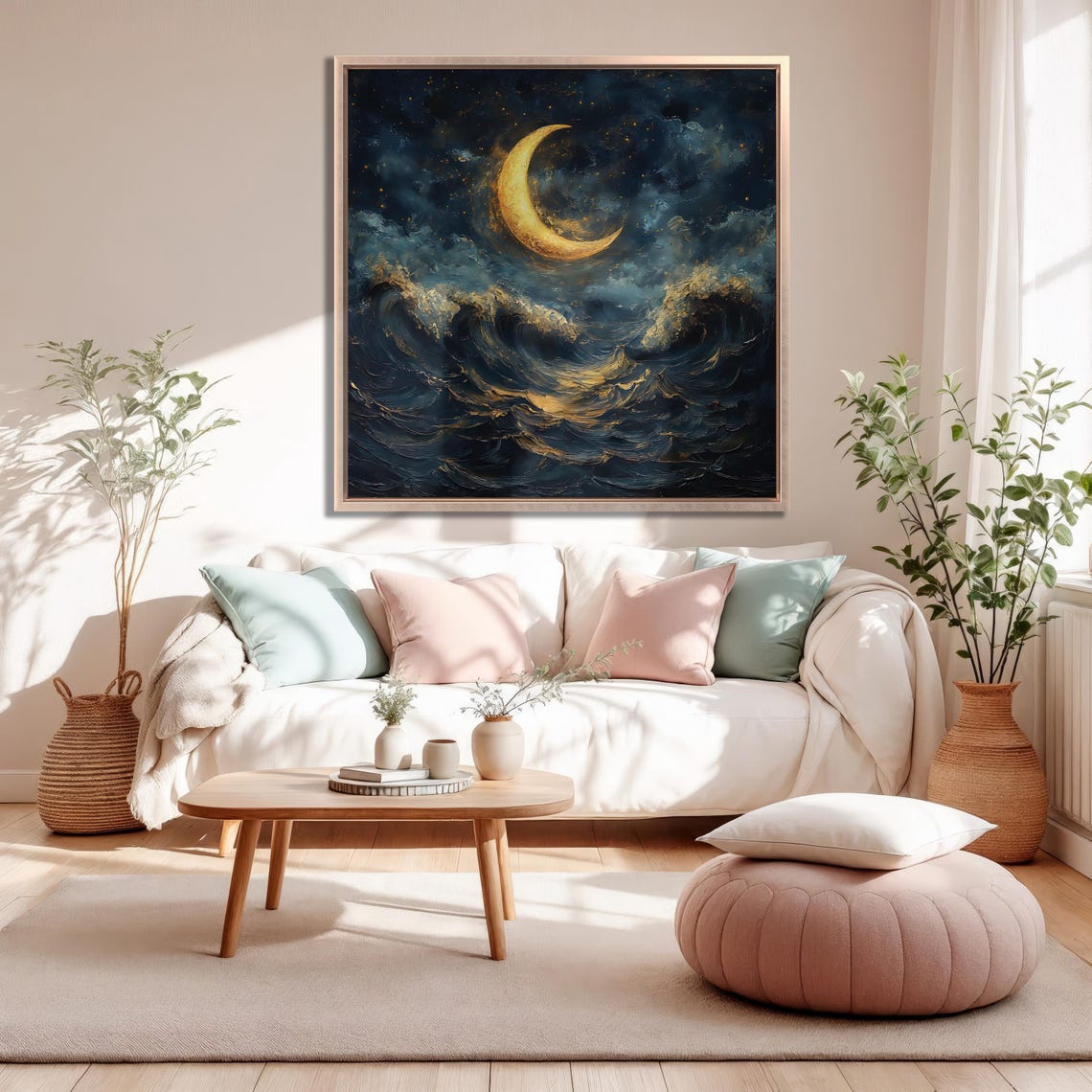 Golden Crescent Moon Over Stormy Dark Night Ocean Impasto Poster - Image 2