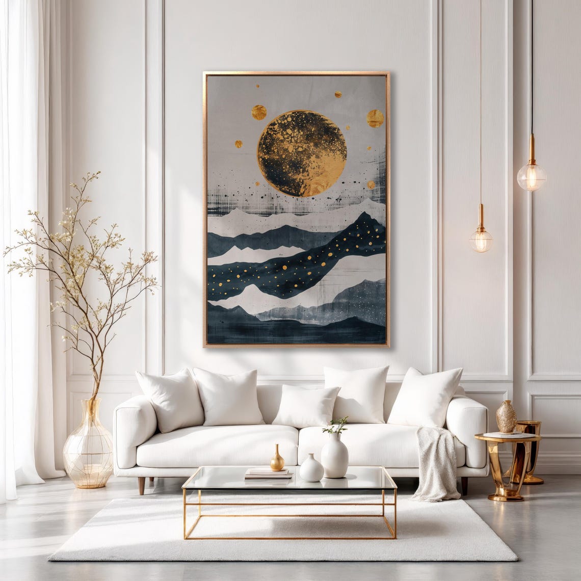 Golden Moon Painting Print Abstract Layered Mountains Wall Art Celestial Theme Poster Vertical Minimalist Decor Ready To Hang - Image 5