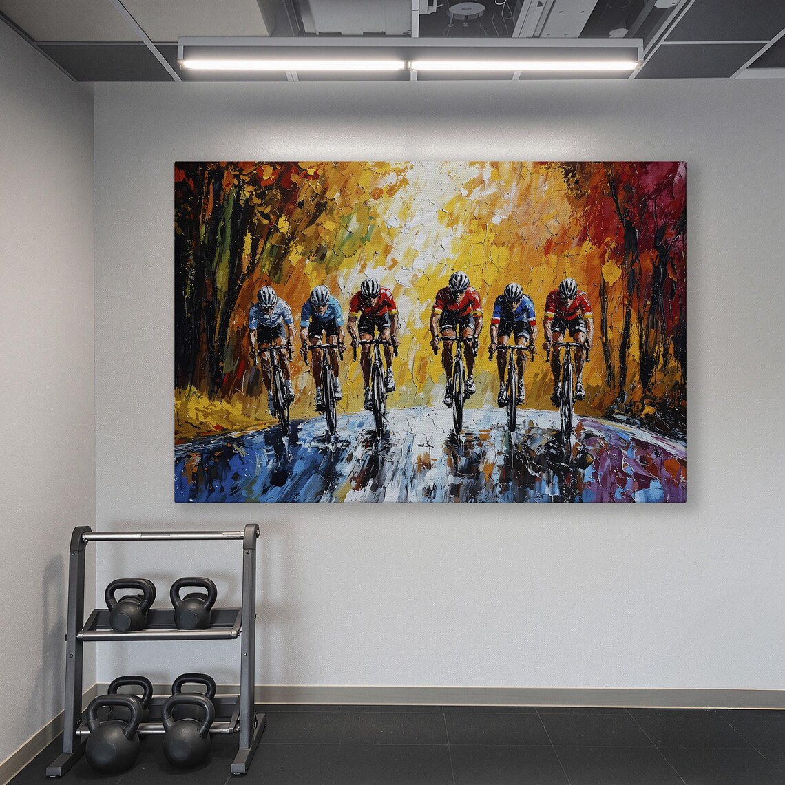 Cyclists Racing on Wet Road Through Golden Autumn Impasto Poster - Image 6