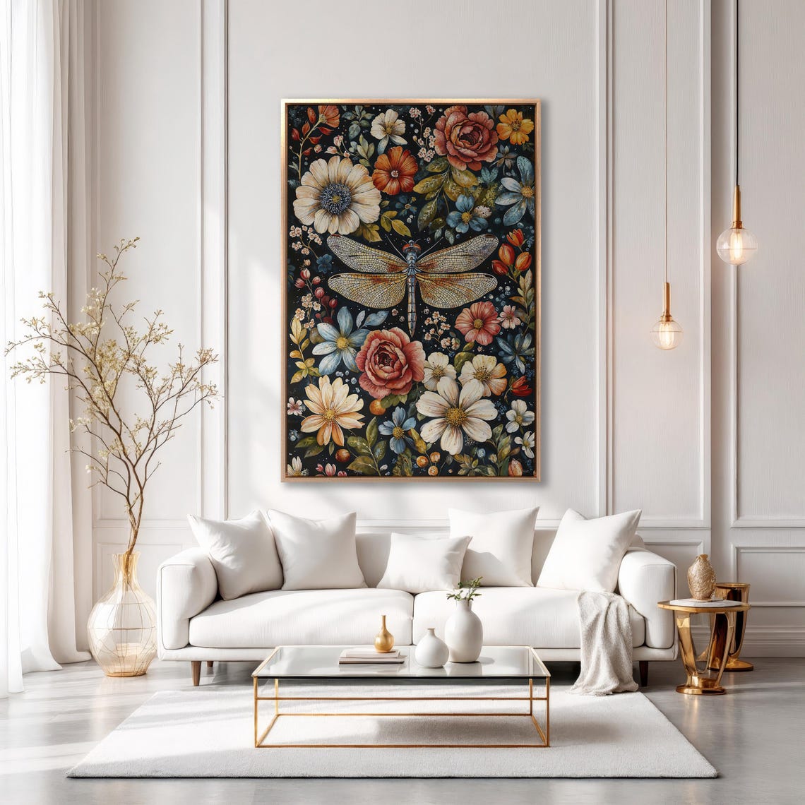 Golden Dragonfly on Dark Floral Botanical Night Garden Poster - Image 6