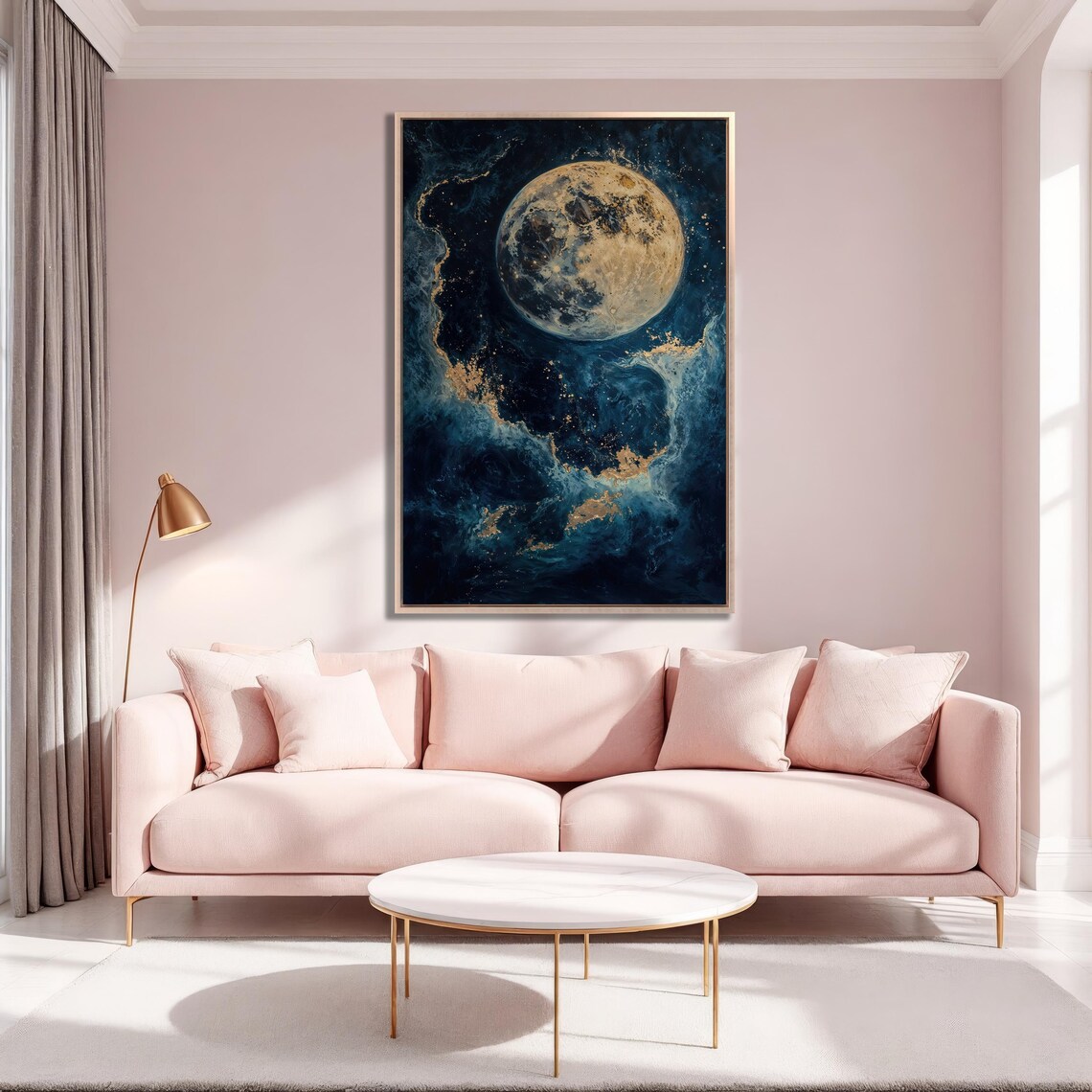 Golden Full Moon in Dark Blue Cosmic Night Sky Elegant Art Poster - Image 4