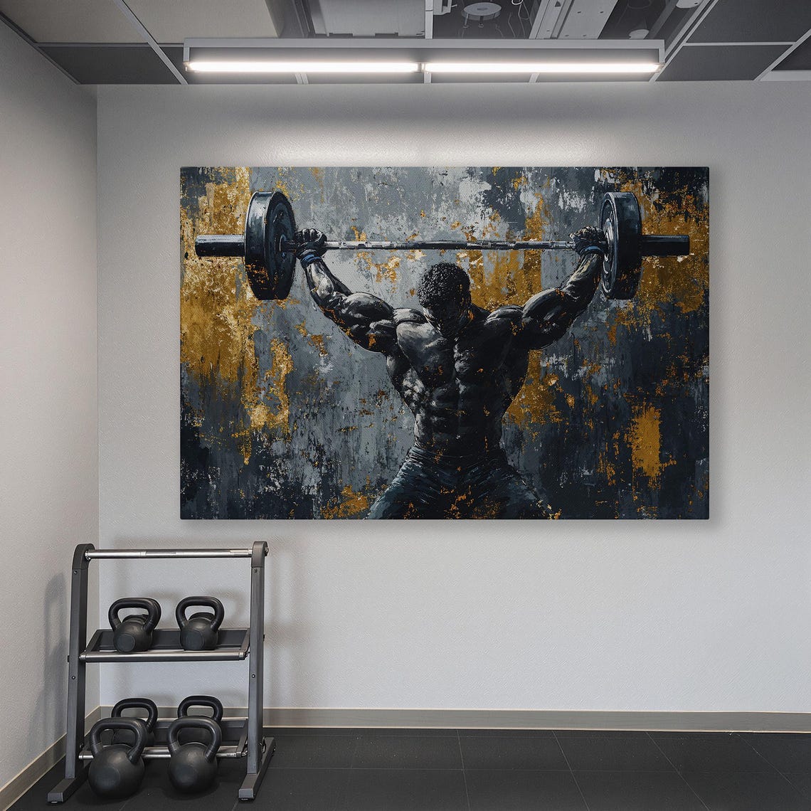 Powerlifter Overhead Press Strength Painting on Dark Gold Poster - Image 6