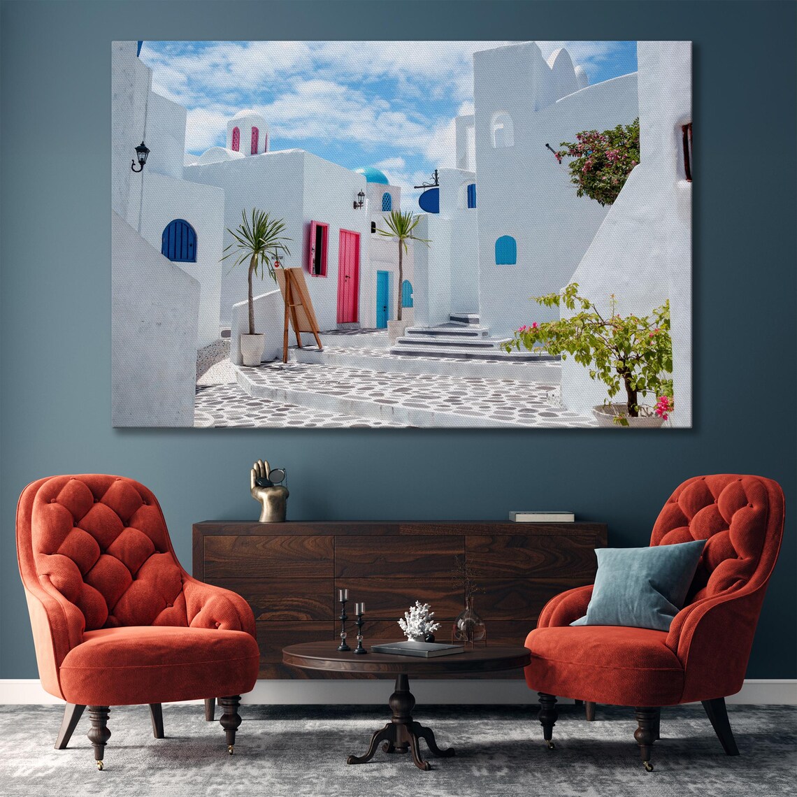 Greek Island Village Street Whitewashed Houses Daytime Wall Art - Image 5