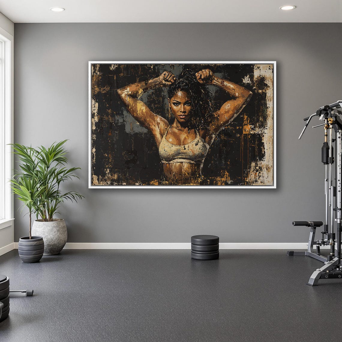 Fit Black Woman With Arms Raised On Dark Black Gold Gym Poster - Image 5