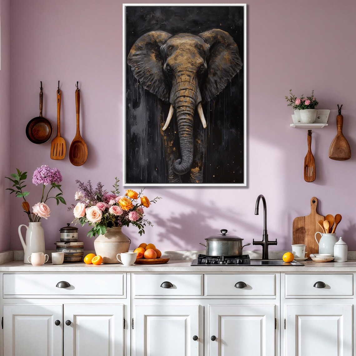 Elephant Front Portrait Gold And Black Brushstrokes Animal Wall Art - Image 2