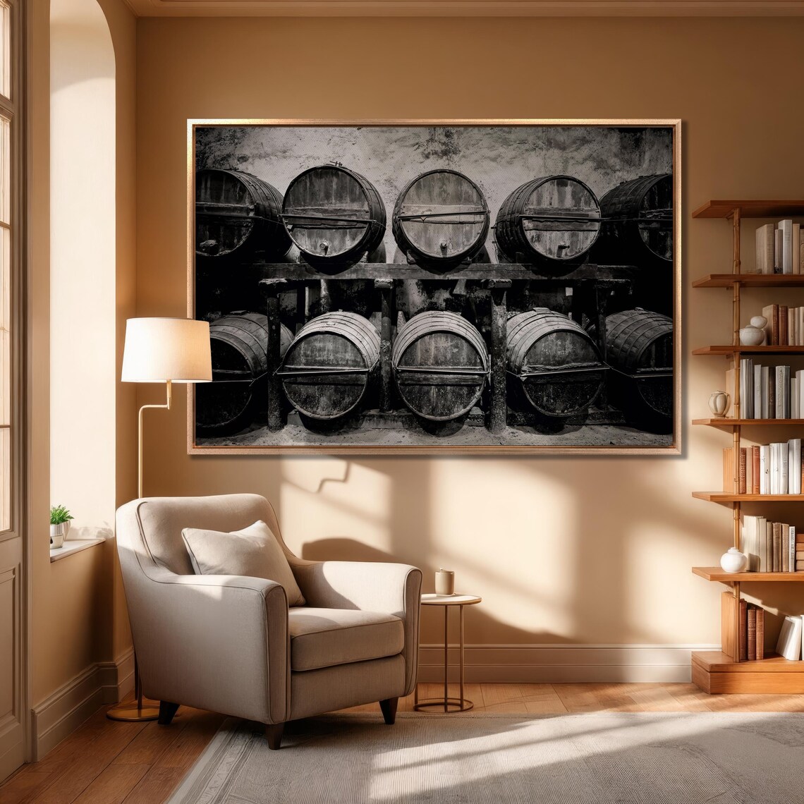 Stacked Wine Barrels Winery Cellar Black And White Large Wall Art - Image 2