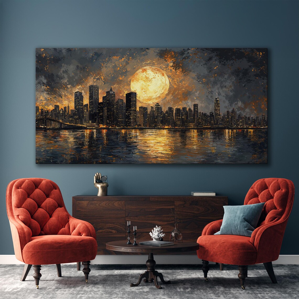 City Skyline With Full Moon Art Print, Urban Nightscape - Image 5