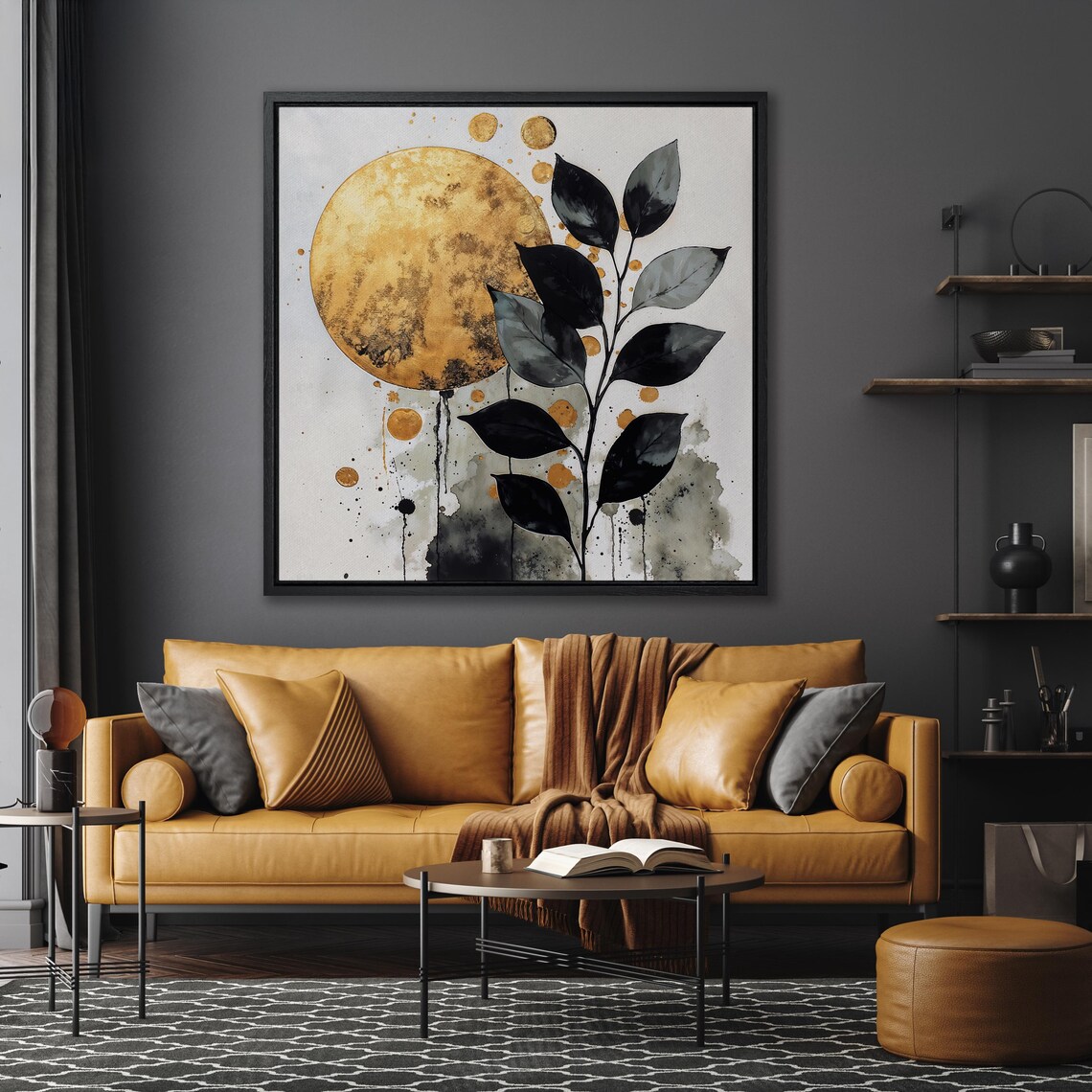 Gold Full Moon With Black Watercolor Leaves Botanical Poster - Image 5